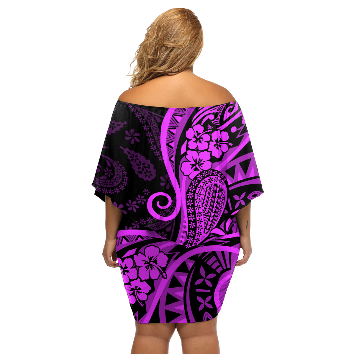 Polynesia Paisley Off Shoulder Short Dress Polynesian With Tropical Flowers - Purple LT14 - Polynesian Pride