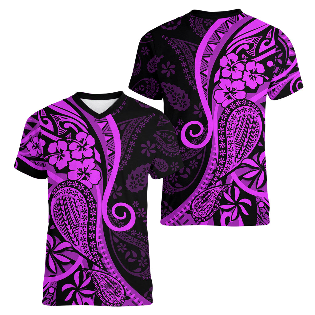 Polynesia Paisley Women V Neck T Shirt Polynesian With Tropical Flowers - Purple LT14 - Polynesian Pride