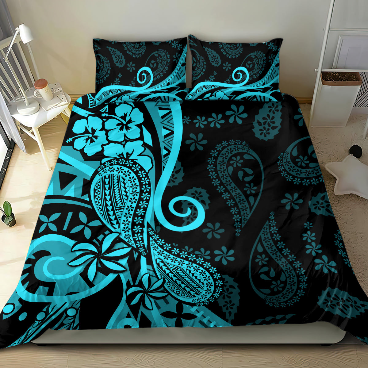 Polynesia Paisley Bedding Set Polynesian With Tropical Flowers - Turquoise LT14 - Polynesian Pride
