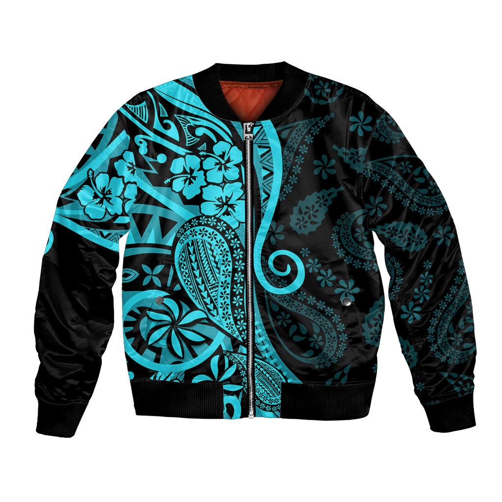 Polynesia Paisley Bomber Jacket Polynesian With Tropical Flowers - Turquoise LT14 Unisex Turquoise - Polynesian Pride