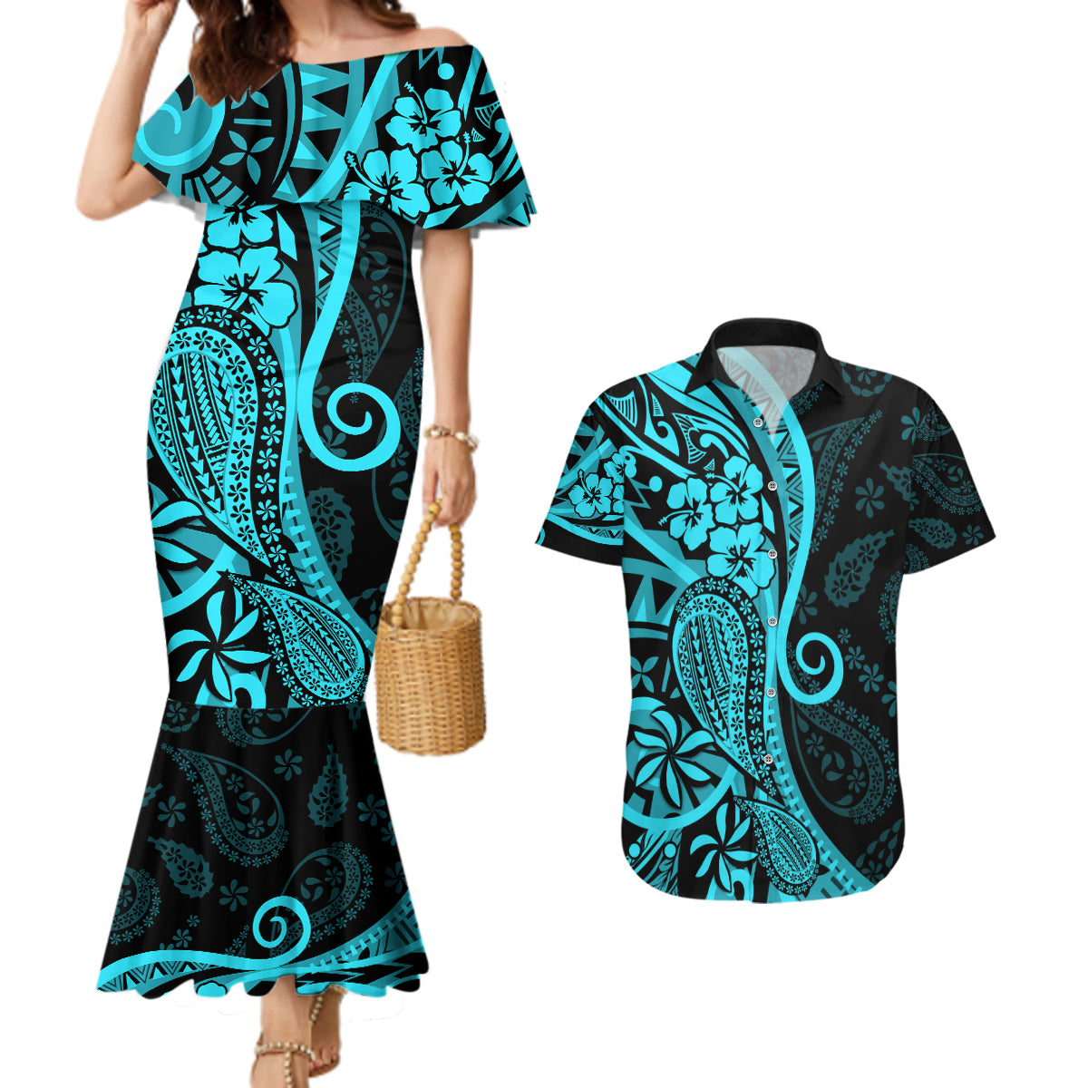 Polynesia Paisley Couples Matching Mermaid Dress and Hawaiian Shirt Polynesian With Tropical Flowers - Turquoise LT14 Turquoise - Polynesian Pride