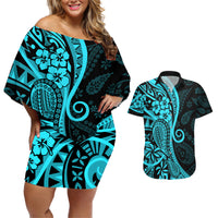 Polynesia Paisley Couples Matching Off Shoulder Short Dress and Hawaiian Shirt Polynesian With Tropical Flowers - Turquoise LT14 Turquoise - Polynesian Pride