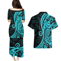 Polynesia Paisley Couples Matching Puletasi Dress and Hawaiian Shirt Polynesian With Tropical Flowers - Turquoise LT14 - Polynesian Pride