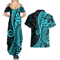 Polynesia Paisley Couples Matching Summer Maxi Dress and Hawaiian Shirt Polynesian With Tropical Flowers - Turquoise LT14 - Polynesian Pride