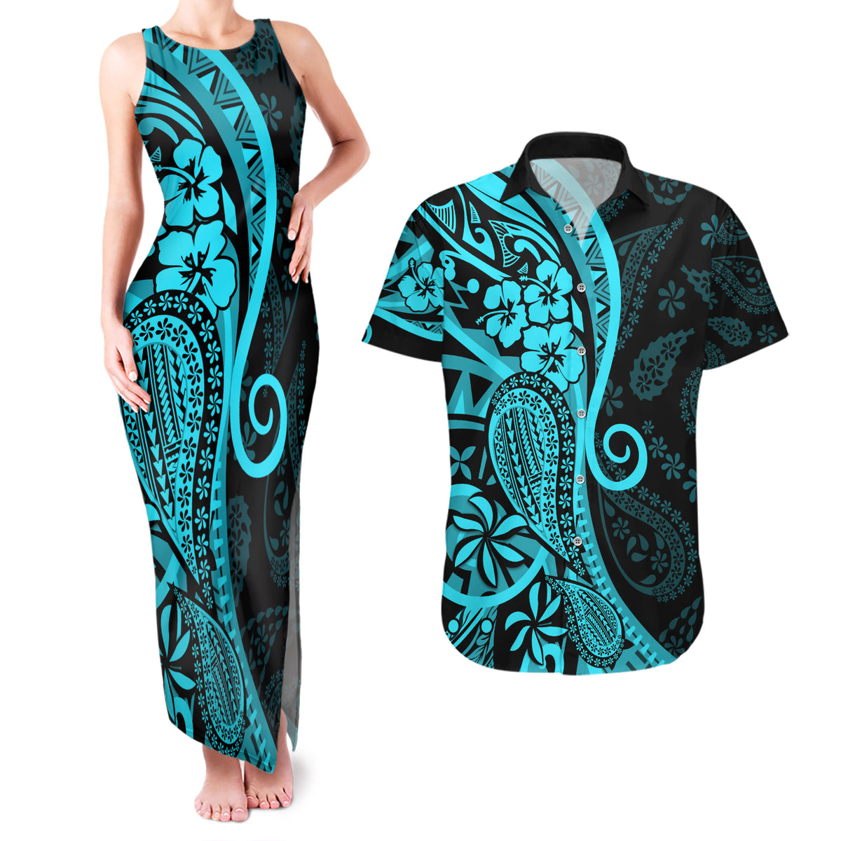 Polynesia Paisley Couples Matching Tank Maxi Dress and Hawaiian Shirt Polynesian With Tropical Flowers - Turquoise LT14 Turquoise - Polynesian Pride