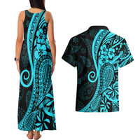 Polynesia Paisley Couples Matching Tank Maxi Dress and Hawaiian Shirt Polynesian With Tropical Flowers - Turquoise LT14 - Polynesian Pride