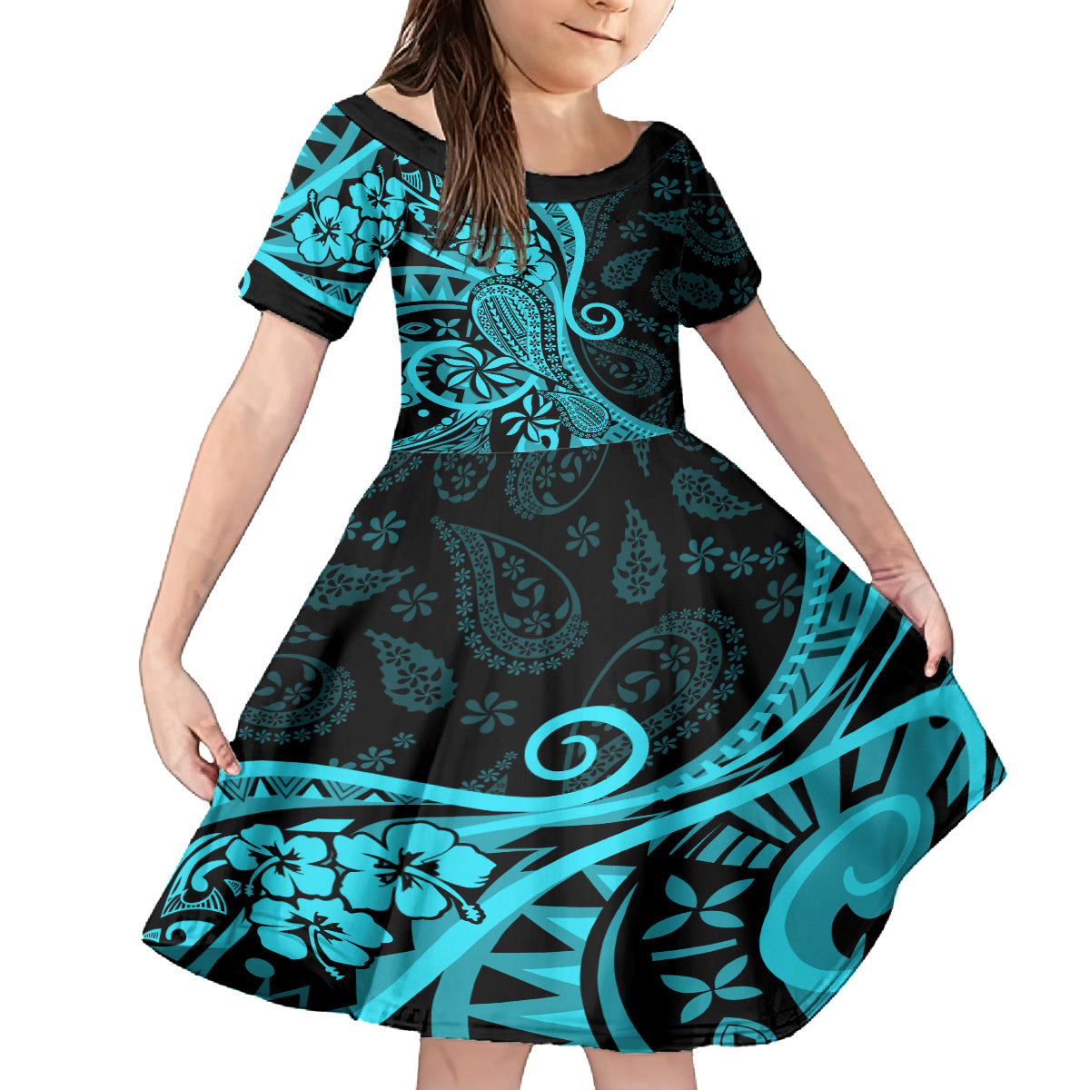 Polynesia Paisley Family Matching Long Sleeve Bodycon Dress and Hawaiian Shirt Polynesian With Tropical Flowers - Turquoise LT14 Daughter's Dress Turquoise - Polynesian Pride