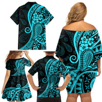 Polynesia Paisley Family Matching Off Shoulder Short Dress and Hawaiian Shirt Polynesian With Tropical Flowers - Turquoise LT14 - Polynesian Pride