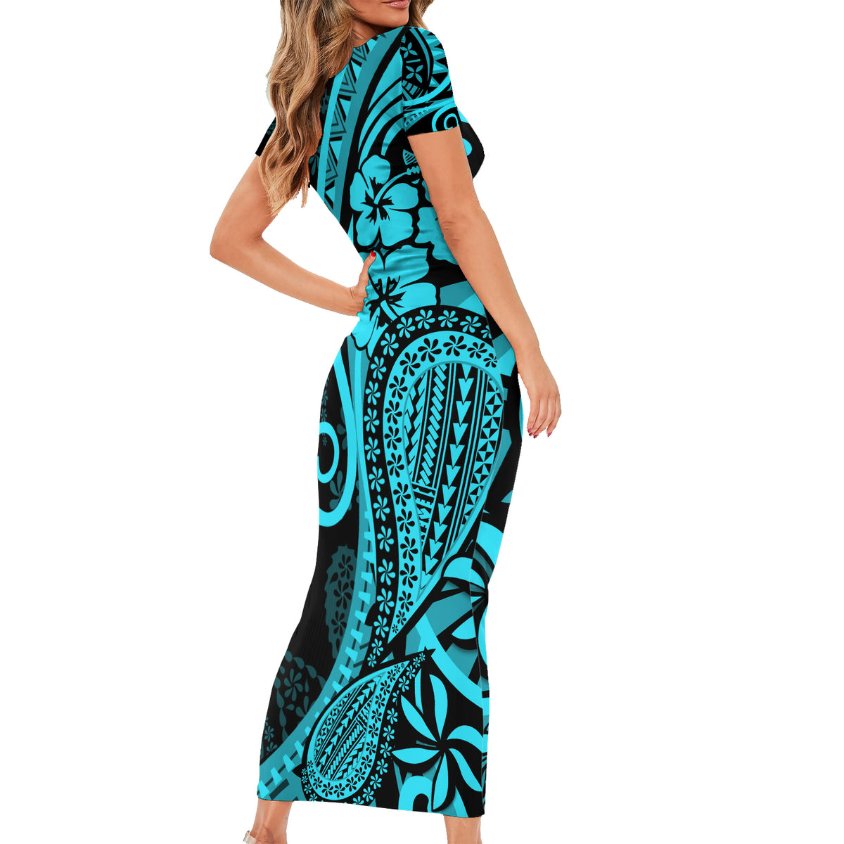 Polynesia Paisley Family Matching Short Sleeve Bodycon Dress and Hawaiian Shirt Polynesian With Tropical Flowers - Turquoise LT14 - Polynesian Pride