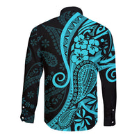 Polynesia Paisley Long Sleeve Button Shirt Polynesian With Tropical Flowers - Turquoise LT14 - Polynesian Pride
