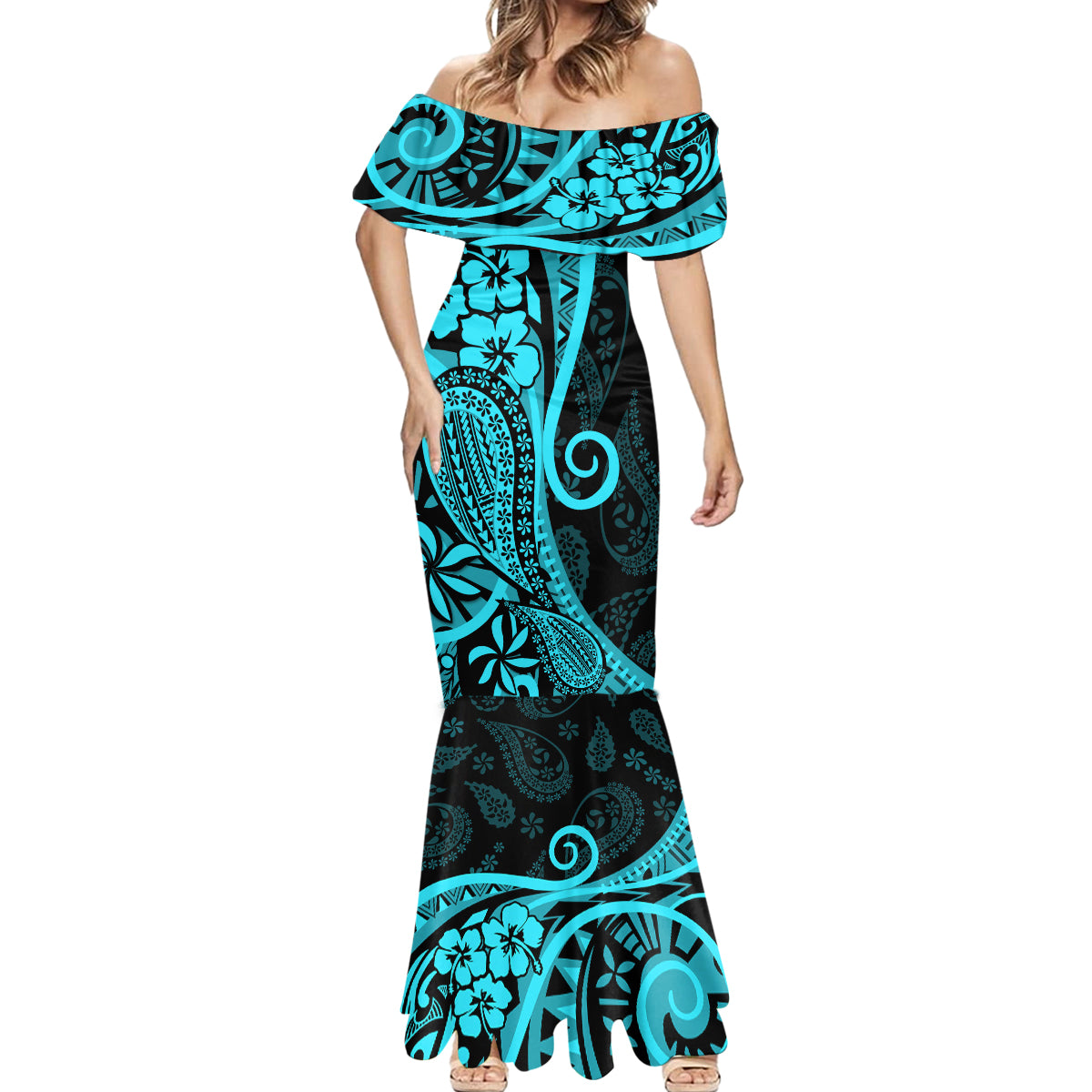 Polynesia Paisley Mermaid Dress Polynesian With Tropical Flowers - Turquoise LT14 - Polynesian Pride