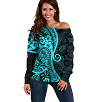 Polynesia Paisley Off Shoulder Sweater Polynesian With Tropical Flowers - Turquoise LT14 Women Turquoise - Polynesian Pride