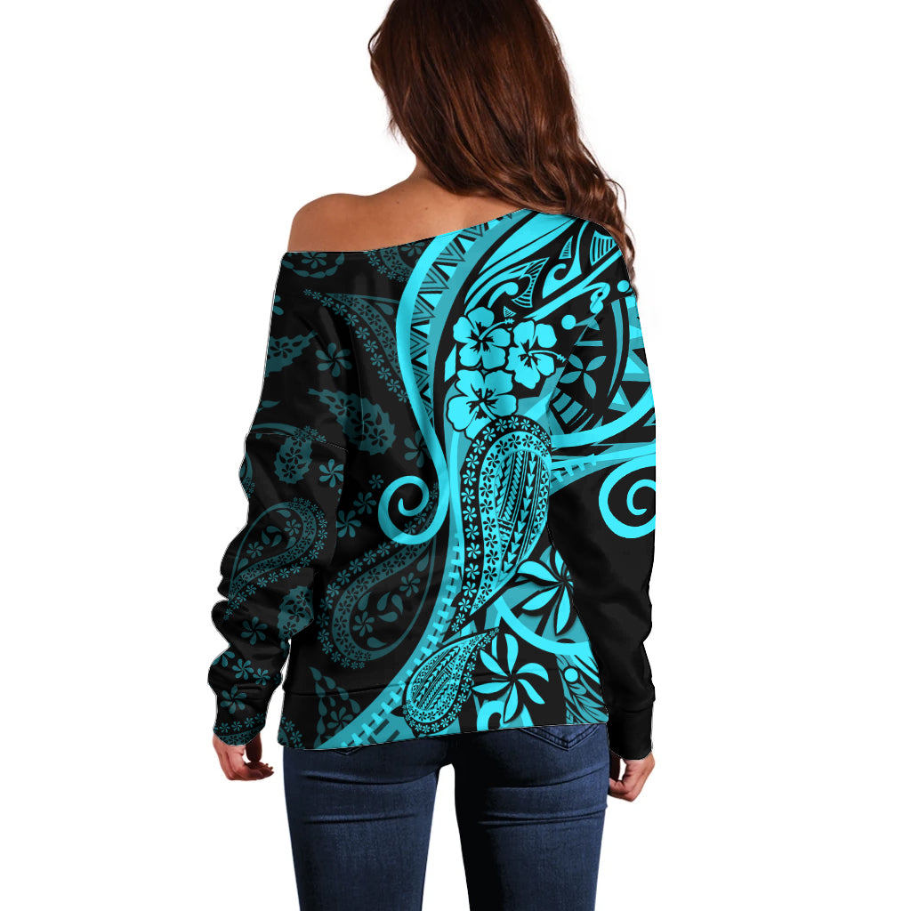 Polynesia Paisley Off Shoulder Sweater Polynesian With Tropical Flowers - Turquoise LT14 - Polynesian Pride