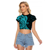 Polynesia Paisley Raglan Cropped T Shirt Polynesian With Tropical Flowers - Turquoise LT14 Female Turquoise - Polynesian Pride