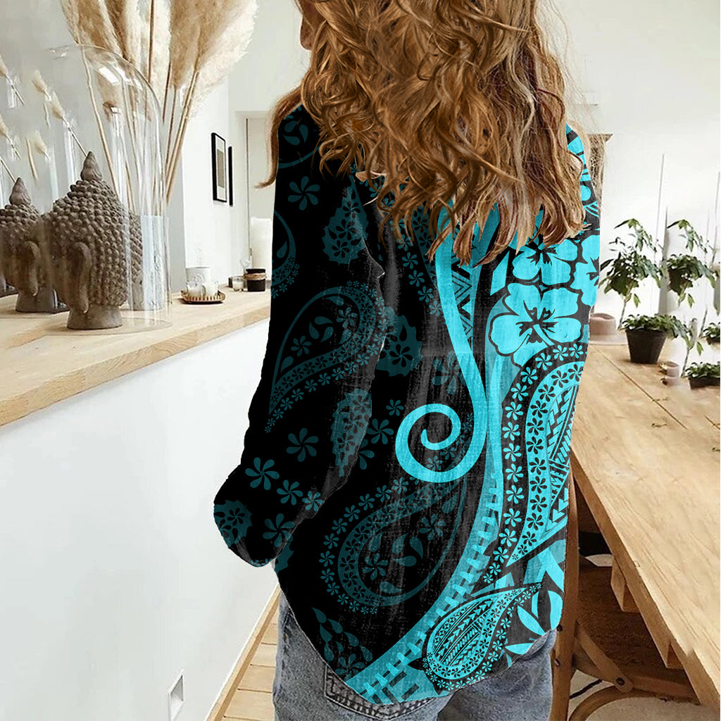 Polynesia Paisley Women Casual Shirt Polynesian With Tropical Flowers - Turquoise LT14 - Polynesian Pride