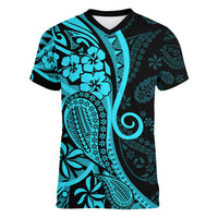 Polynesia Paisley Women V Neck T Shirt Polynesian With Tropical Flowers - Turquoise LT14 Female Turquoise - Polynesian Pride