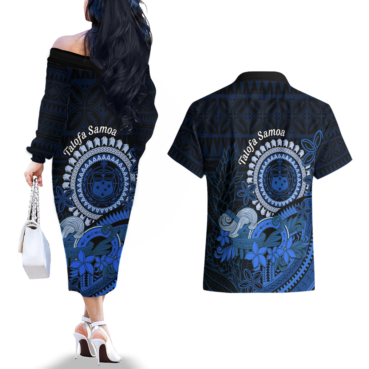 Talofa Samoa Couples Matching Off The Shoulder Long Sleeve Dress and Hawaiian Shirt Samoan Kava Bowl Siapo Pattern - Blue LT14 - Polynesian Pride