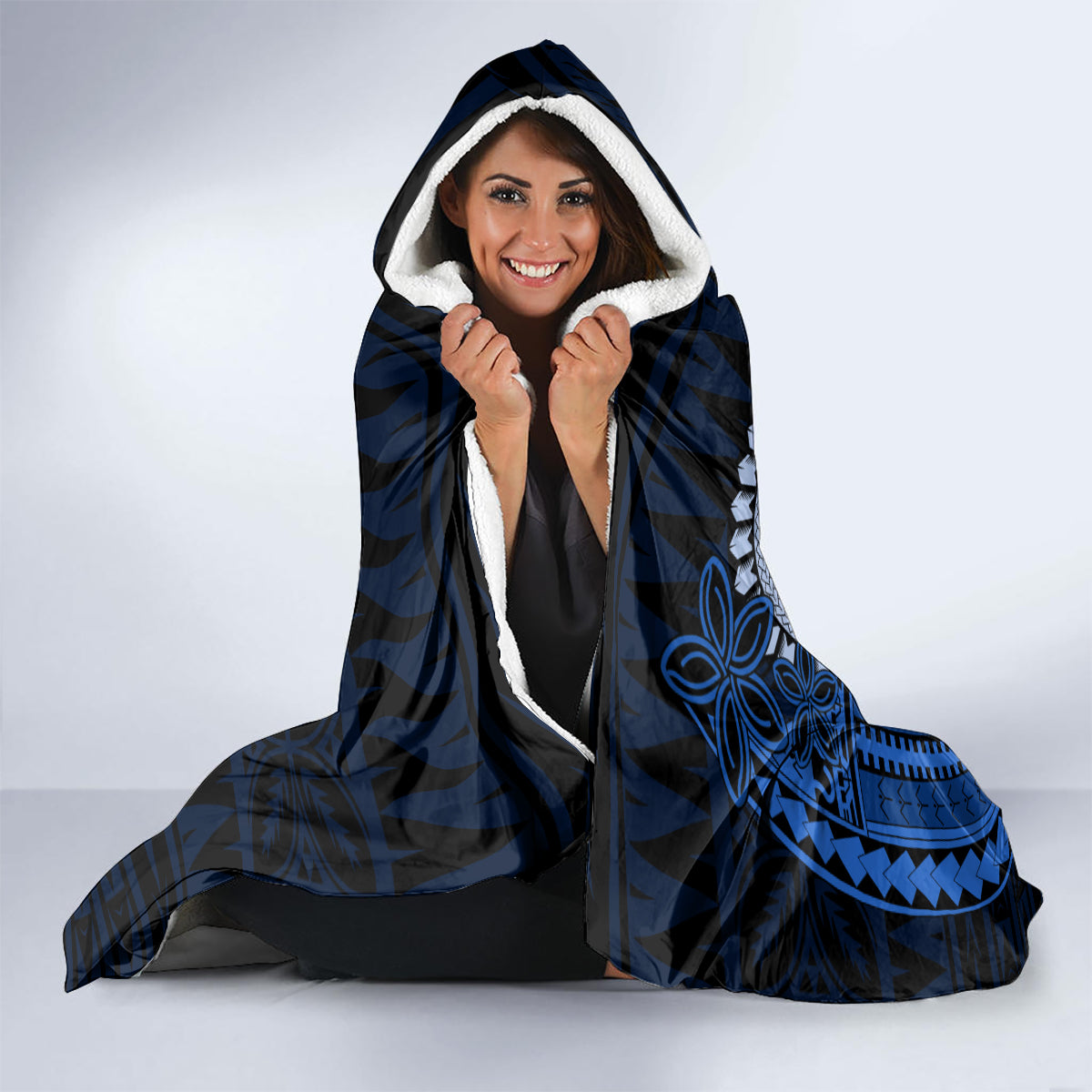 Talofa Samoa Hooded Blanket Samoan Kava Bowl Siapo Pattern - Blue LT14 - Polynesian Pride
