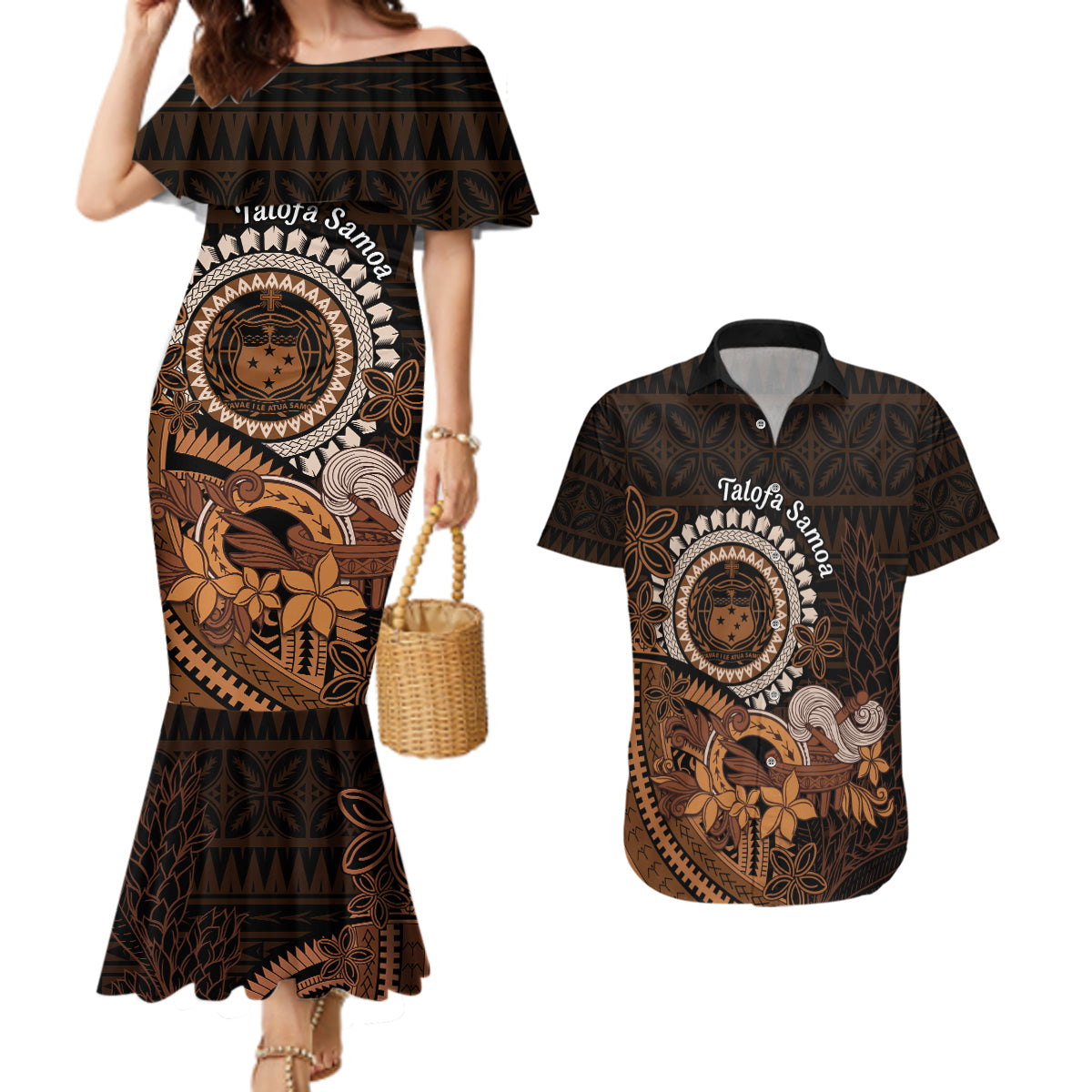 Talofa Samoa Couples Matching Mermaid Dress and Hawaiian Shirt Samoan Kava Bowl Siapo Pattern - Brown LT14 Brown - Polynesian Pride