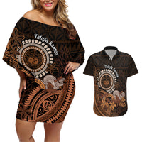 Talofa Samoa Couples Matching Off Shoulder Short Dress and Hawaiian Shirt Samoan Kava Bowl Siapo Pattern - Brown LT14 Brown - Polynesian Pride