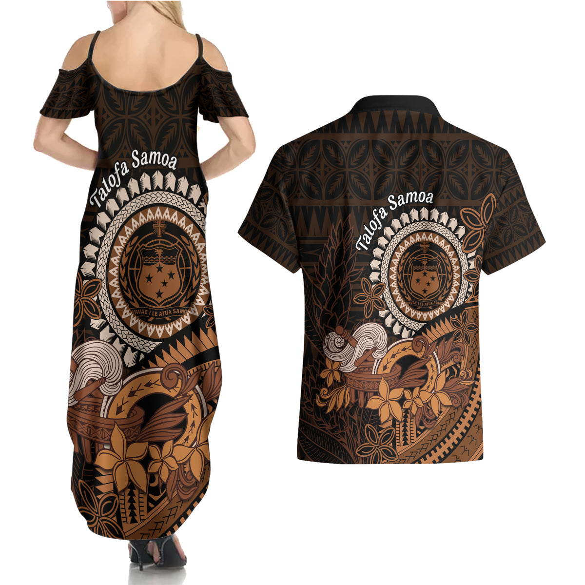 Talofa Samoa Couples Matching Summer Maxi Dress and Hawaiian Shirt Samoan Kava Bowl Siapo Pattern - Brown LT14 - Polynesian Pride