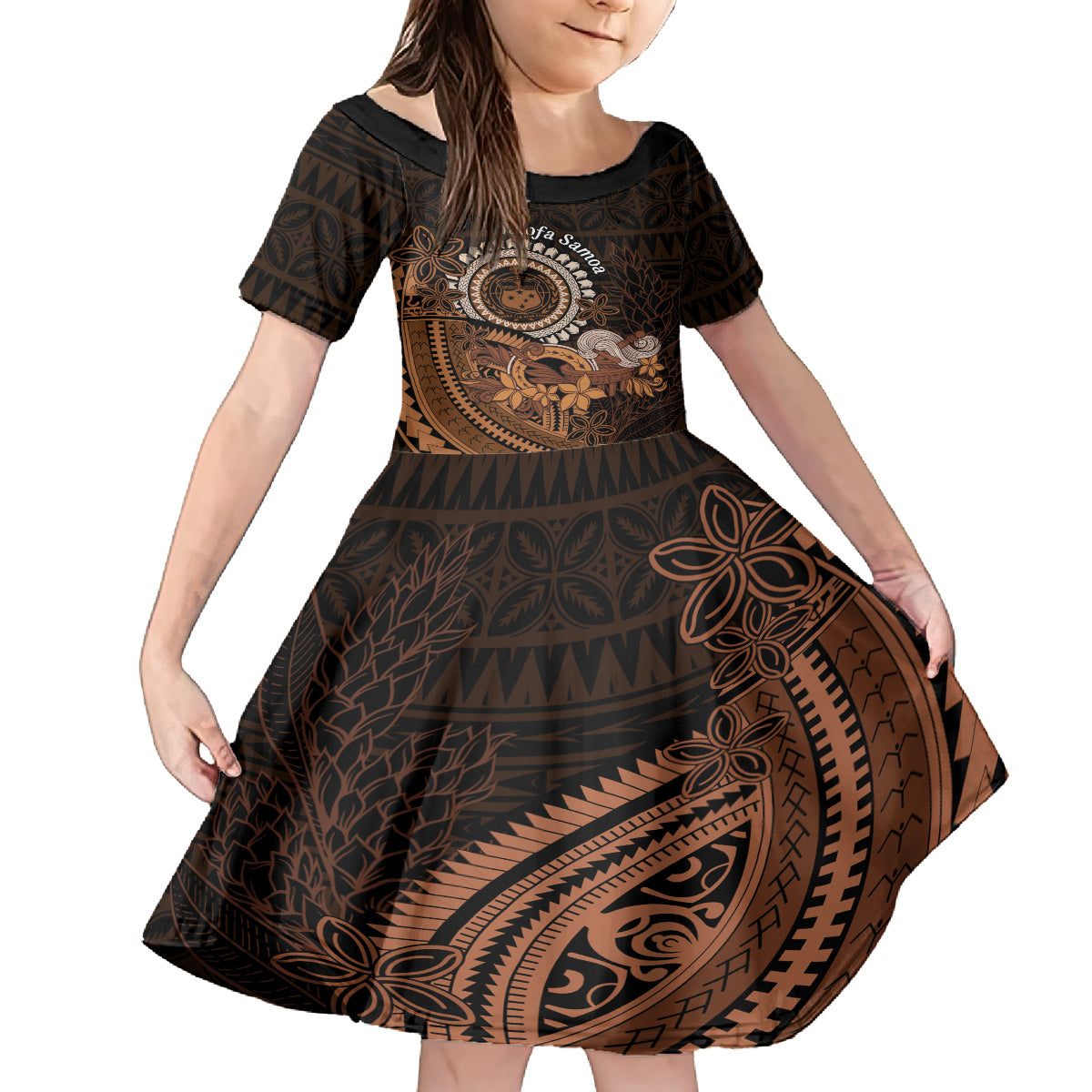 Talofa Samoa Family Matching Off Shoulder Long Sleeve Dress and Hawaiian Shirt Samoan Kava Bowl Siapo Pattern - Brown LT14 Daughter's Dress Brown - Polynesian Pride