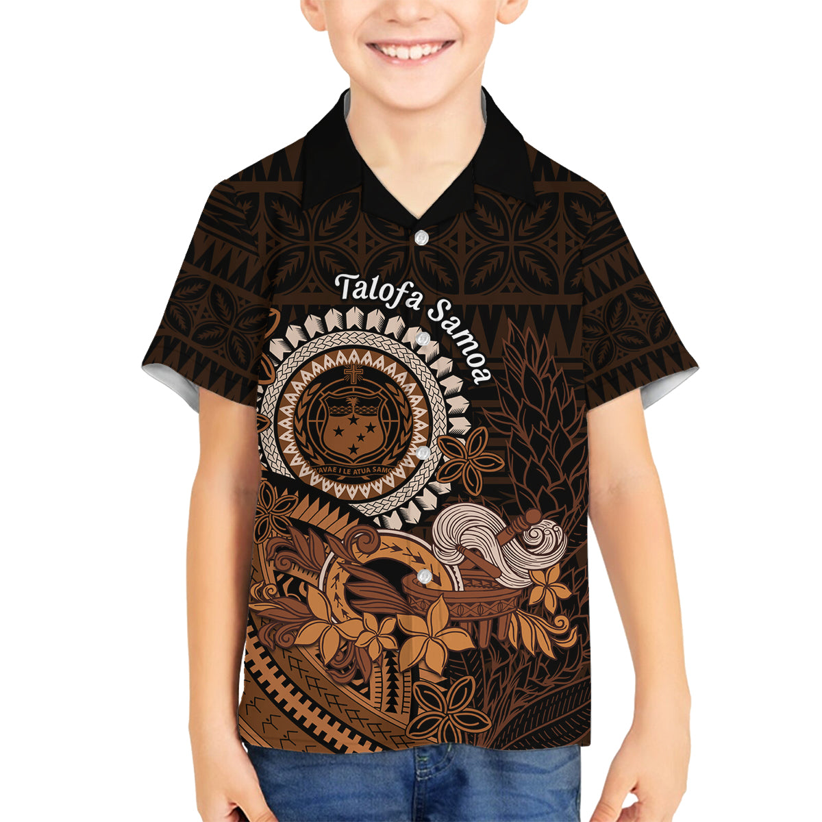 Talofa Samoa Family Matching Tank Maxi Dress and Hawaiian Shirt Samoan Kava Bowl Siapo Pattern - Brown LT14 Son's Shirt Brown - Polynesian Pride