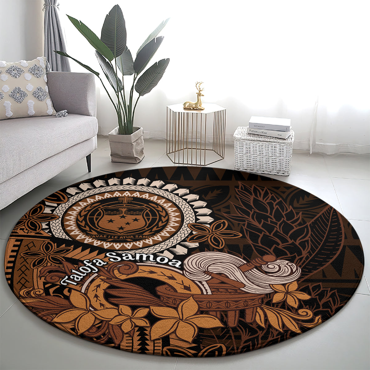 Talofa Samoa Round Carpet Samoan Kava Bowl Siapo Pattern - Brown LT14 - Polynesian Pride