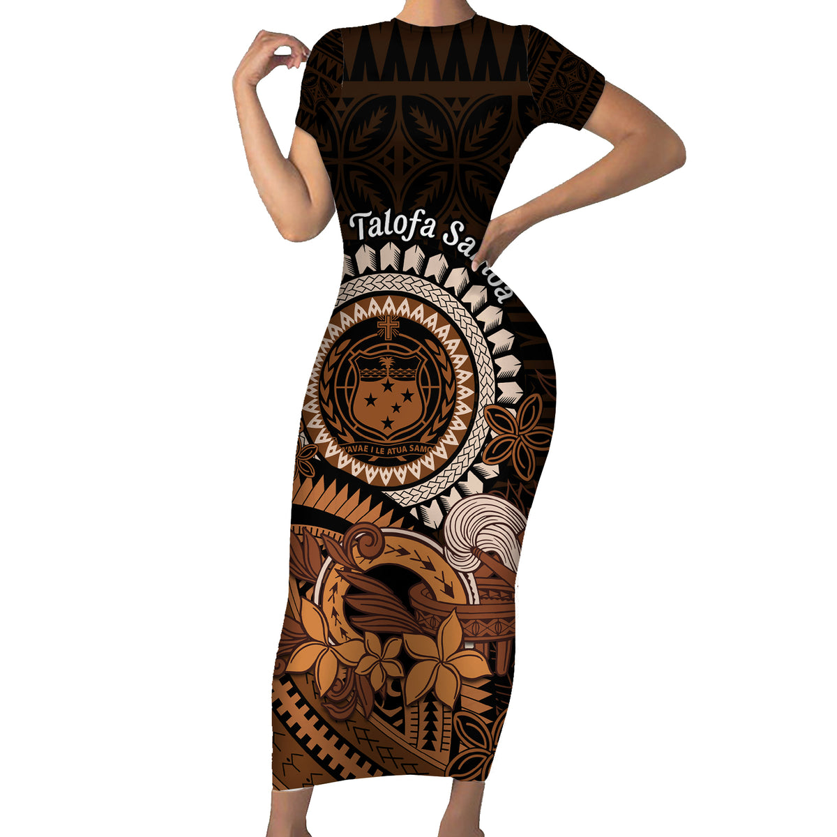 Talofa Samoa Short Sleeve Bodycon Dress Samoan Kava Bowl Siapo Pattern - Brown LT14 Long Dress Brown - Polynesian Pride