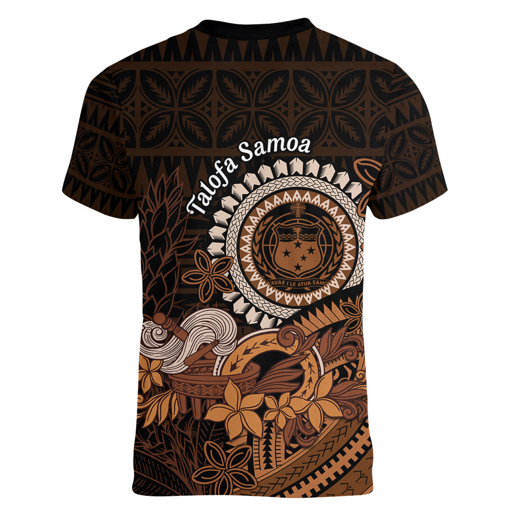 Talofa Samoa Women V Neck T Shirt Samoan Kava Bowl Siapo Pattern - Brown LT14 - Polynesian Pride