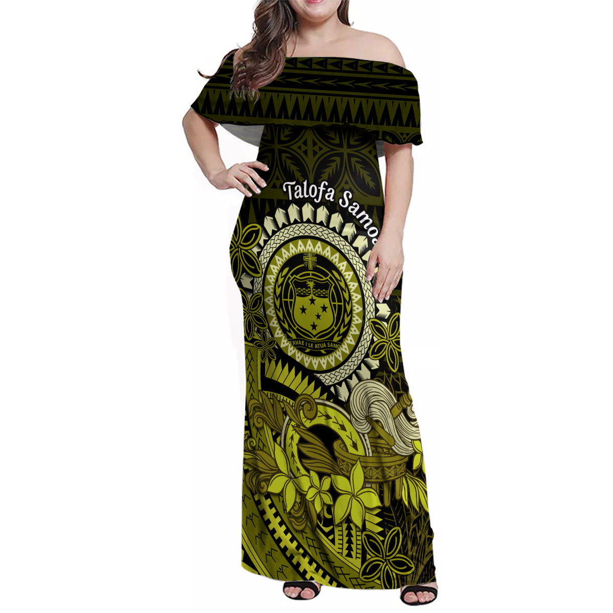 Lime Green Talofa Samoa Family Matching Off Shoulder Maxi Dress and Hawaiian Shirt Samoan Kava Bowl Siapo Pattern LT14 Mom's Dress Lime Green - Polynesian Pride