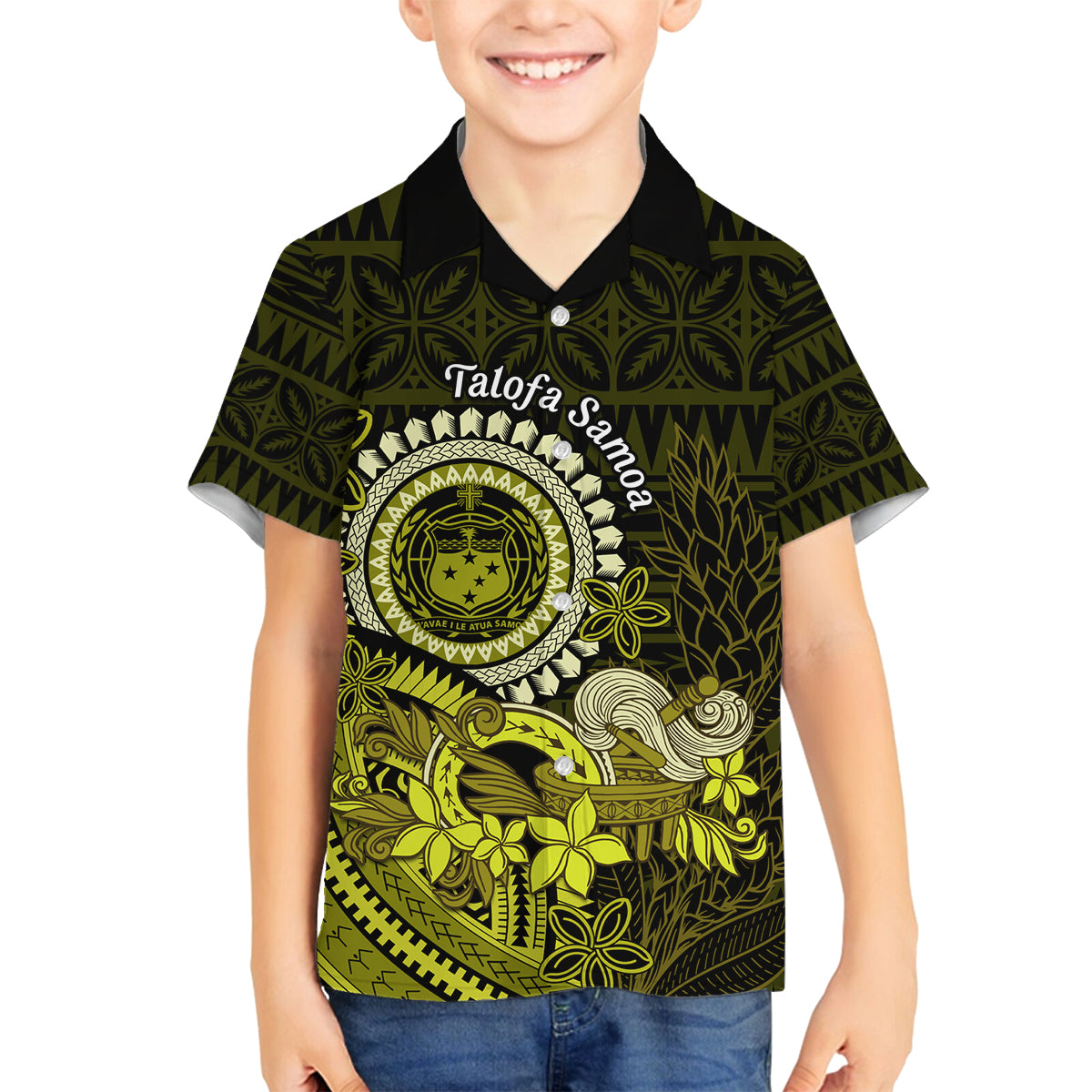 Lime Green Talofa Samoa Family Matching Tank Maxi Dress and Hawaiian Shirt Samoan Kava Bowl Siapo Pattern LT14 Son's Shirt Lime Green - Polynesian Pride