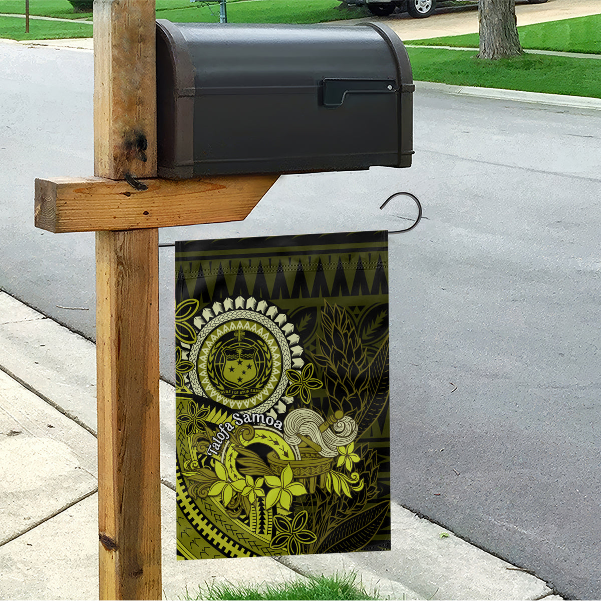 Lime Green Talofa Samoa Garden Flag Samoan Kava Bowl Siapo Pattern LT14 - Polynesian Pride