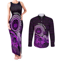 Purple Talofa Samoa Couples Matching Tank Maxi Dress and Long Sleeve Button Shirt Samoan Kava Bowl Siapo Pattern LT14 Purple - Polynesian Pride