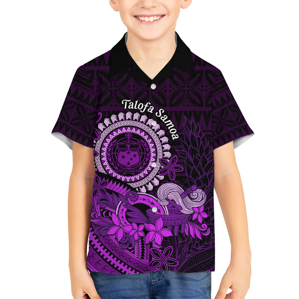 Purple Talofa Samoa Family Matching Tank Maxi Dress and Hawaiian Shirt Samoan Kava Bowl Siapo Pattern LT14 Son's Shirt Purple - Polynesian Pride