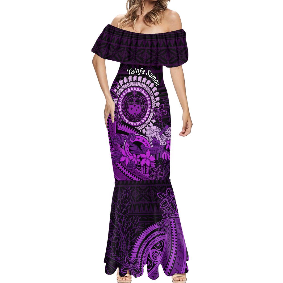 Purple Talofa Samoa Mermaid Dress Samoan Kava Bowl Siapo Pattern Purple Talofa Samoa Mermaid Dress Samoan Kava Bowl Siapo Pattern
