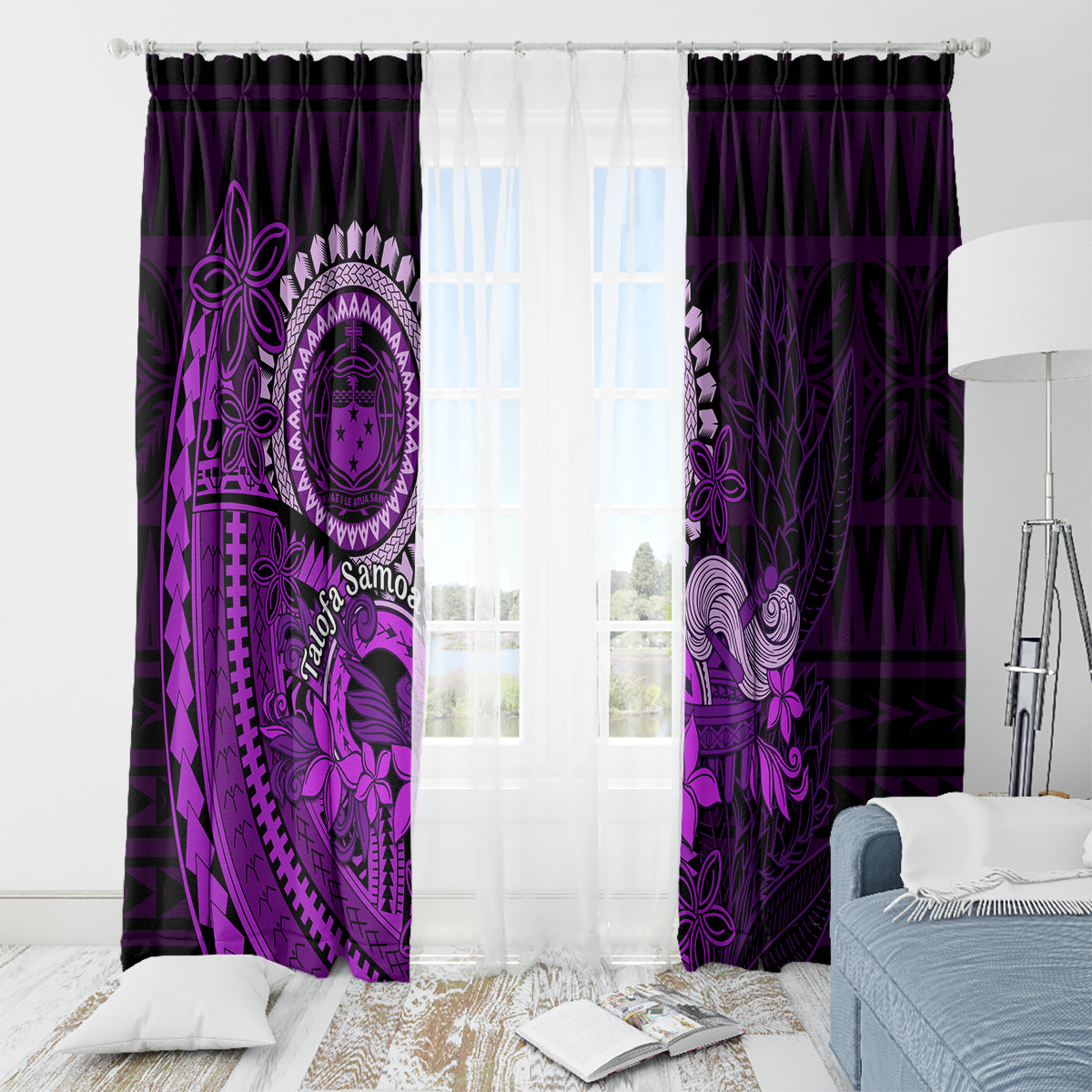 Purple Talofa Samoa Window Curtain Samoan Kava Bowl Siapo Pattern LT14 - Polynesian Pride