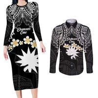 Ekamowir Omo Nauru Couples Matching Long Sleeve Bodycon Dress and Long Sleeve Button Shirt Naoero Twelve-pointed Star Polynesian Tattoo