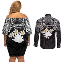 Ekamowir Omo Nauru Couples Matching Off Shoulder Short Dress and Long Sleeve Button Shirt Naoero Twelve-pointed Star Polynesian Tattoo