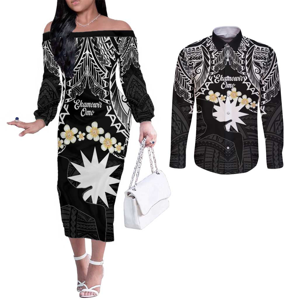 Ekamowir Omo Nauru Couples Matching Off The Shoulder Long Sleeve Dress and Long Sleeve Button Shirt Naoero Twelve-pointed Star Polynesian Tattoo
