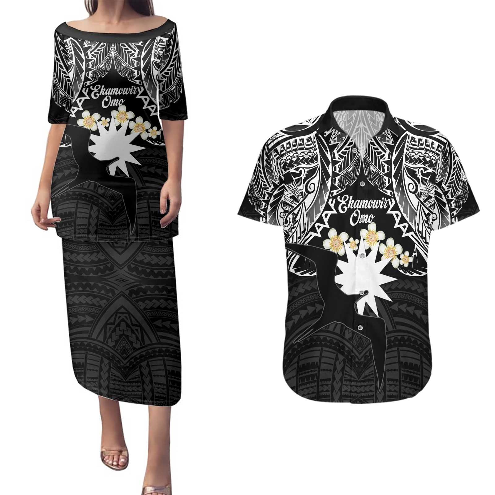 Ekamowir Omo Nauru Couples Matching Puletasi and Hawaiian Shirt Naoero Twelve-pointed Star Polynesian Tattoo LT14 Black - Polynesian Pride