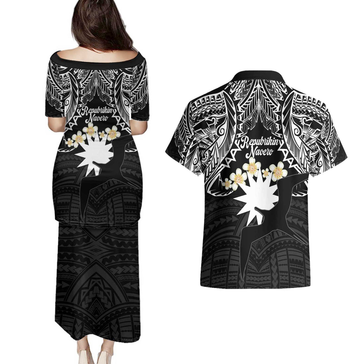 Ekamowir Omo Nauru Couples Matching Puletasi and Hawaiian Shirt Naoero Twelve-pointed Star Polynesian Tattoo