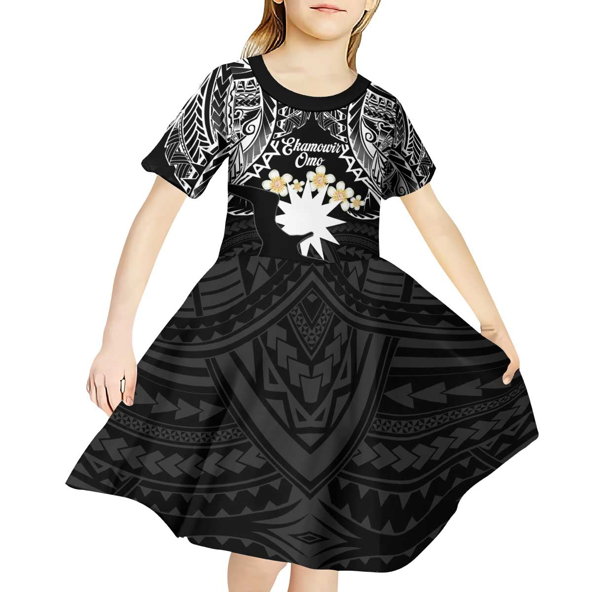 Ekamowir Omo Nauru Kid Short Sleeve Dress Naoero Twelve-pointed Star Polynesian Tattoo