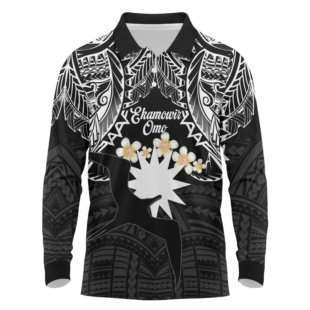 Ekamowir Omo Nauru Long Sleeve Polo Shirt Naoero Twelve-pointed Star Polynesian Tattoo LT14 Black - Polynesian Pride