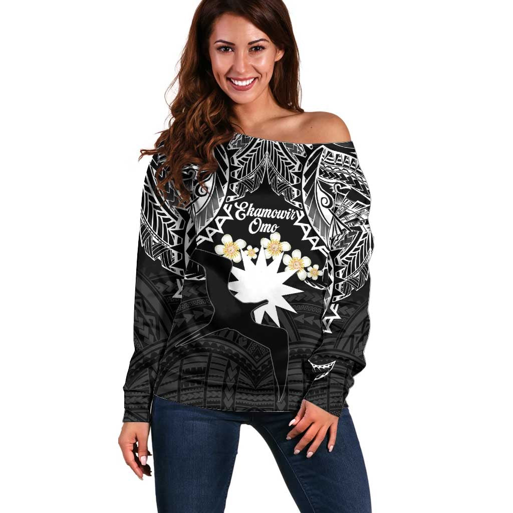 Ekamowir Omo Nauru Off Shoulder Sweater Naoero Twelve-pointed Star Polynesian Tattoo LT14 Women Black - Polynesian Pride