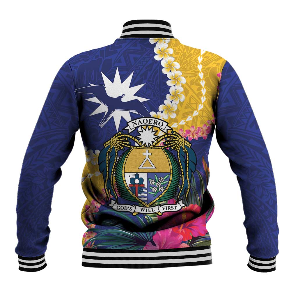 Nauru Independence Day Baseball Jacket Coat Of Arms With Tropical Flowers