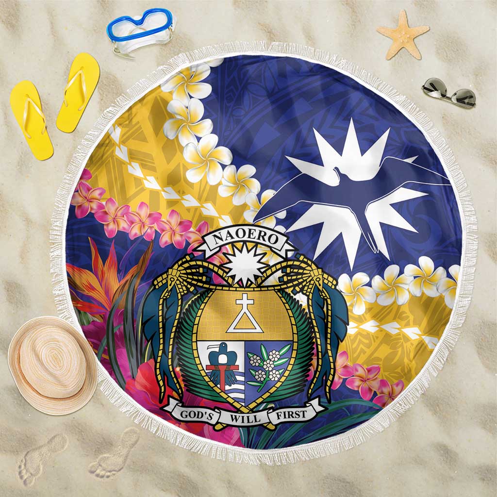 Nauru Independence Day Beach Blanket Coat Of Arms With Tropical Flowers LT14 One Size 150cm Blue - Polynesian Pride