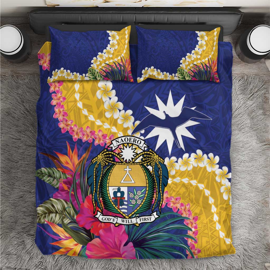 Nauru Independence Day Bedding Set Coat Of Arms With Tropical Flowers LT14 Blue - Polynesian Pride