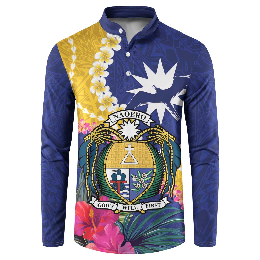 Nauru Independence Day Button Sweatshirt Coat Of Arms With Tropical Flowers LT14 Blue - Polynesian Pride