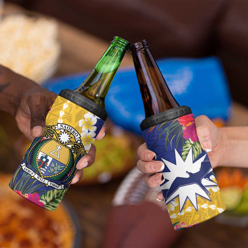 Nauru Independence Day 4 in 1 Can Cooler Tumbler Coat Of Arms With Tropical Flowers